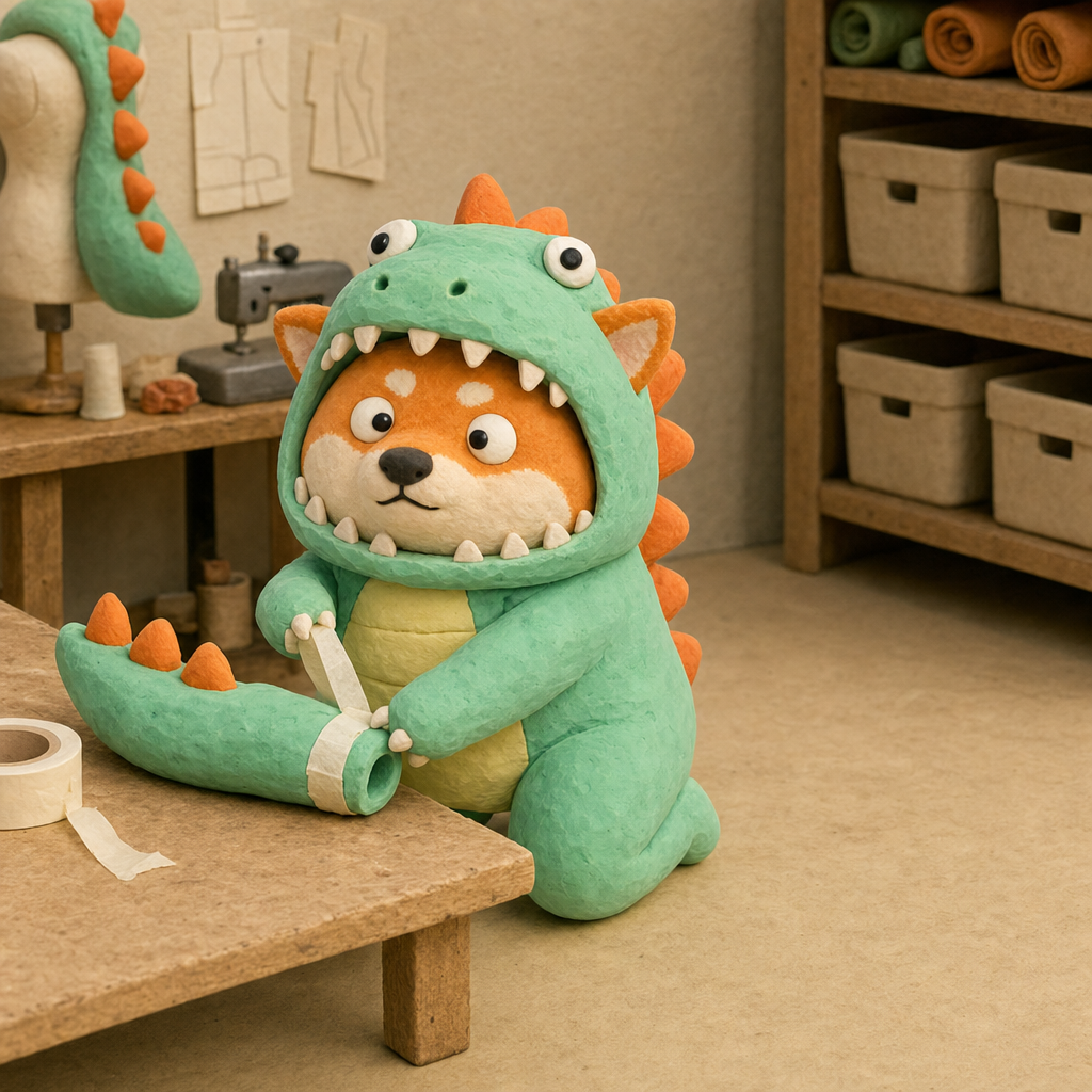 Inusaurus in a clay costume workshop, taping his detached dinosaur tail back together on a workbench